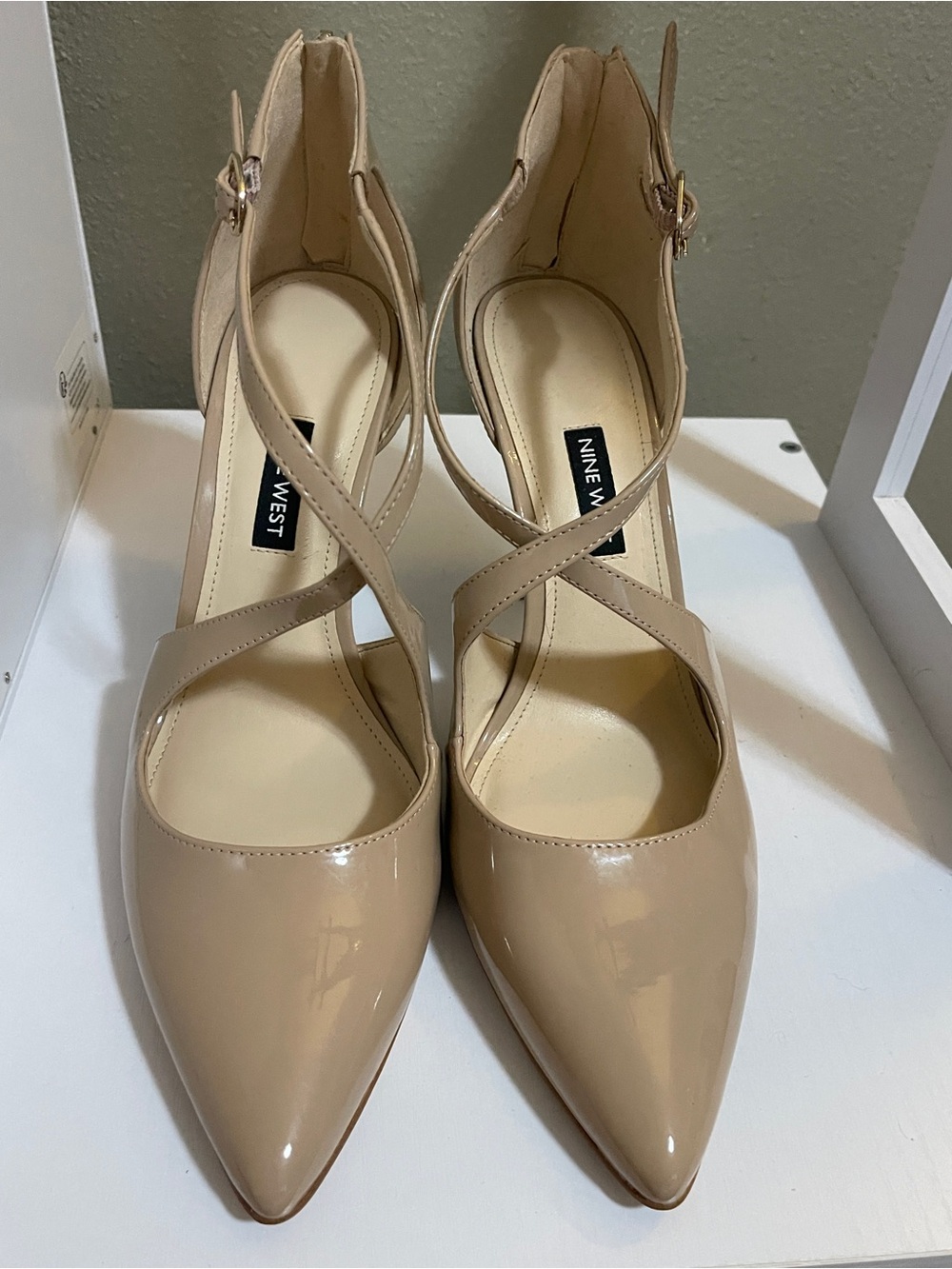 Nine West Nude Patent Pointed-Toe Cross-Strap Pumps
